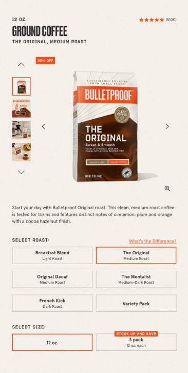 PIVOT’s mobile UI/UX design of Bulletproof’s product detail page