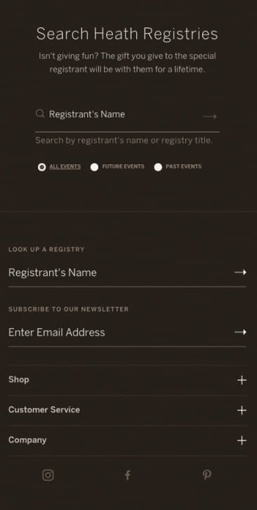 Mobile UI/UX design of the custom-built registry experience PIVOT developed for Heath Ceramics