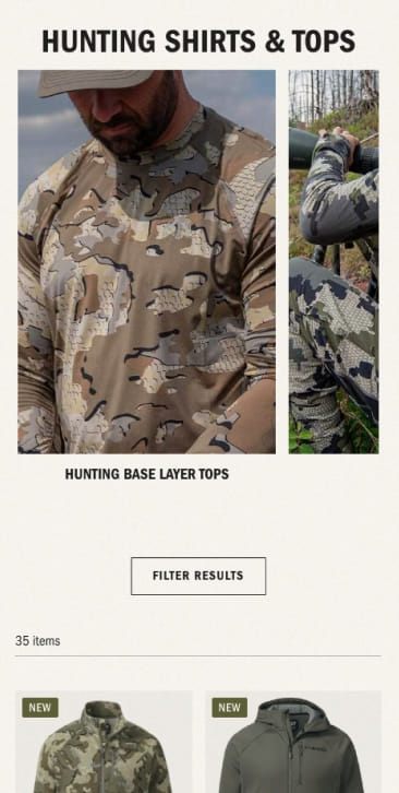 PIVOT’s mobile UI/UX design for KUIU’s collection landing page with filter experience