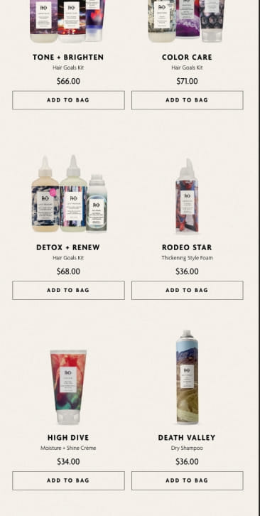 PIVOT’s mobile UI/UX design of R+Co’s product listing page