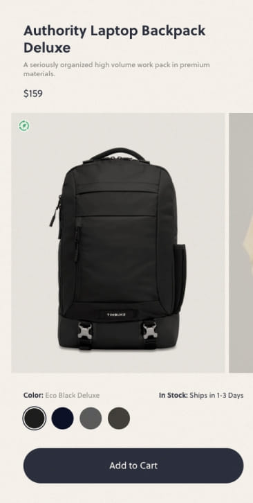 PIVOT’s mobile UI/UX design of TIMBUK2’s product detail page
