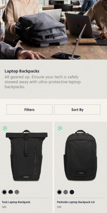 PIVOT’s mobile UI/UX design of TIMBUK2’s collection listing page