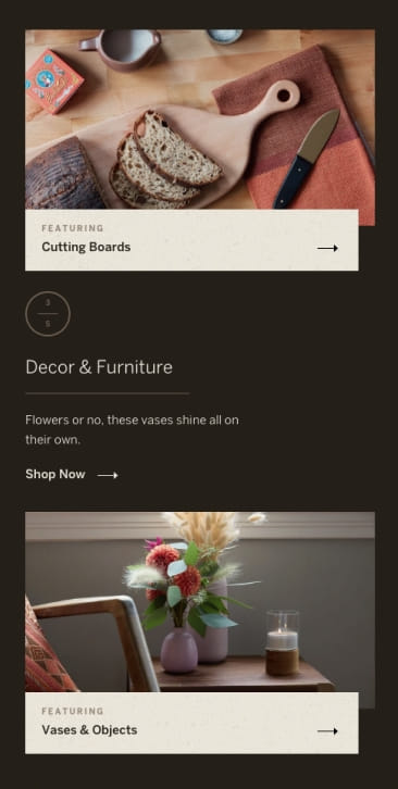 PIVOT’s mobile UI/UX design for Heath Ceramics’ featured categories listings