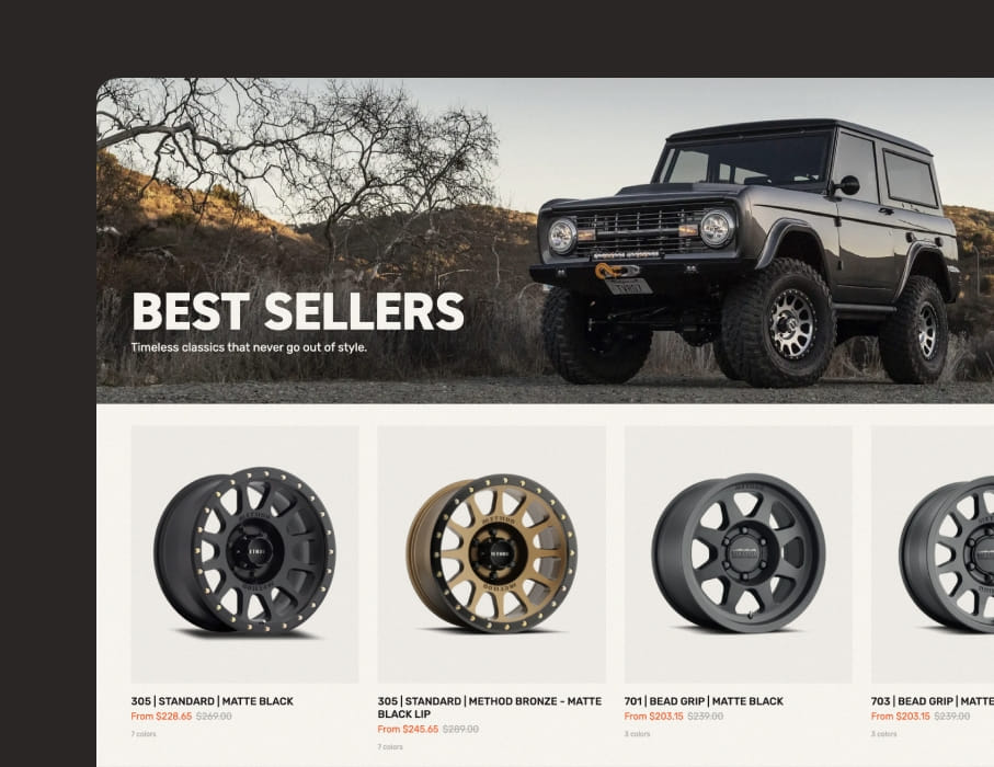 PIVOT’s desktop UI/UX design for Method Race Wheels’ best sellers collection listing page