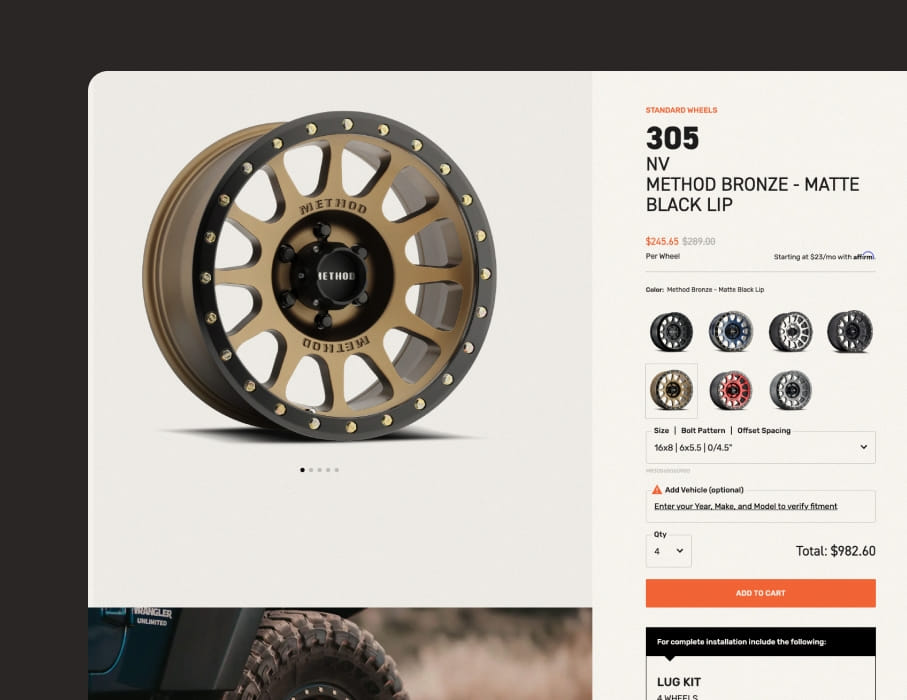 PIVOT’s desktop UI/UX design for Method Race Wheels’ product detail page with vehicle fitment verification experience