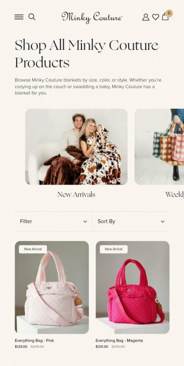 PIVOT’s mobile UI/UX design for Minky Couture’s product listing page