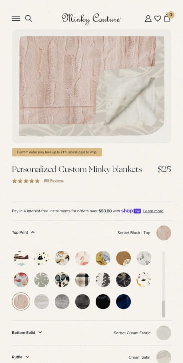 PIVOT’s mobile UI/UX design of Minky Couture’s personalized custom Minky Blanket experience