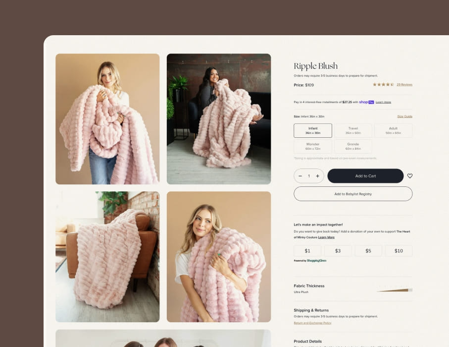 PIVOT’s desktop UI/UX design for Minky Couture’s product detail page