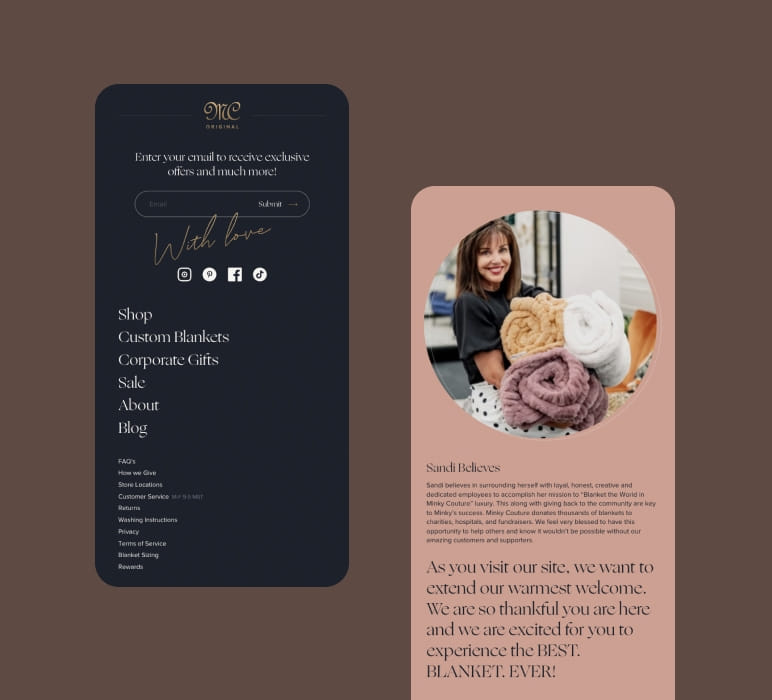 PIVOT’s mobile UI/UX designs for Minky Couture’s email sign up form and content detail page