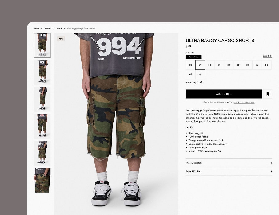 PIVOT’s desktop UI/UX design for MNML’s product description page with estimated shipment arrival date information