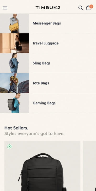 PIVOT’s mobile UI/UX design of TIMBUK2’s homepage with collection listing