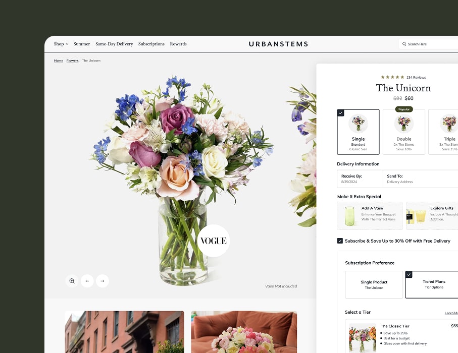 PIVOT’s desktop UI/UX design for Urbanstem’s product description page with estimated shipment arrival date information